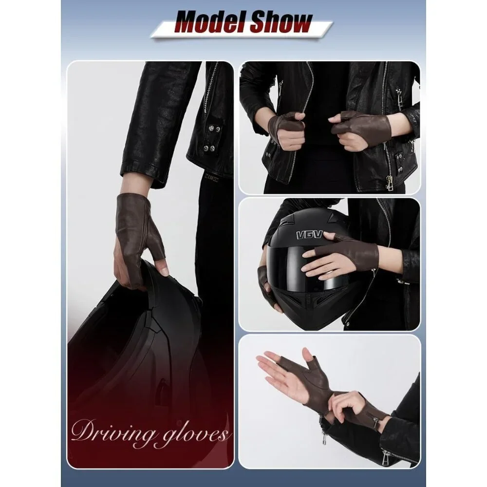 Women's Brown Fingerless Leather Driving Half Finger Gloves Halloween Design